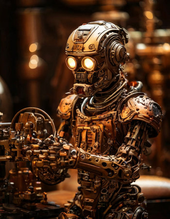 Intricate steampunk robot working in a workshopの素材