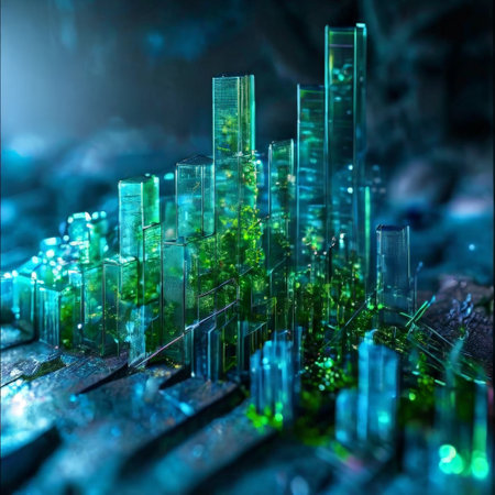 Abstract green and blue cityscape with glowing elementsの素材