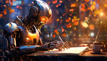 Cybernetic robot writing in a warm, cozy environmentの素材