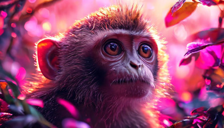 Baby monkey with wide eyes in a vibrant pink settingの素材