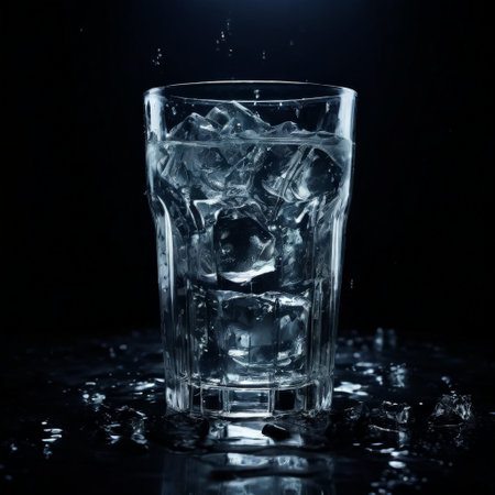 Glass of ice water with ice cubes splashing in the darkの素材