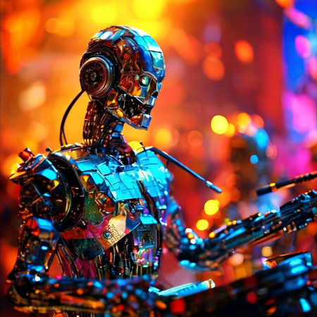 Futuristic robot surrounded by glowing lights and technologyの素材