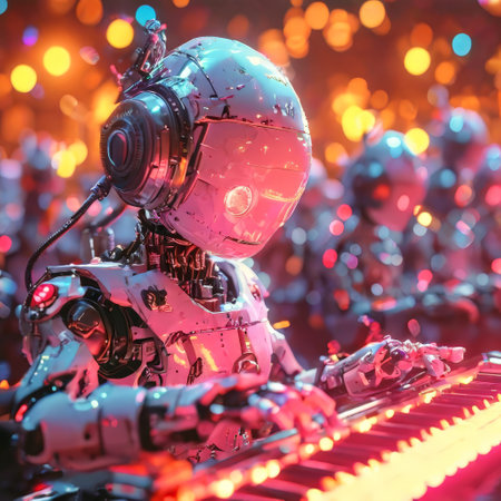 Robotic musician playing keyboard in a futuristic concertの素材
