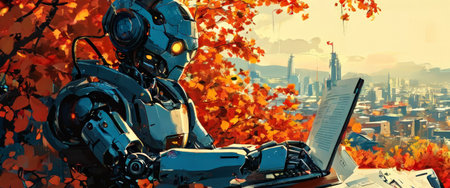 Robot working on laptop in an autumn park with a cityscape in the backgroundの素材