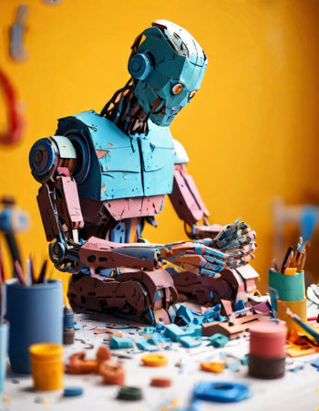 Robot crafting in a colorful, creative studioの素材
