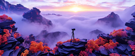 Camera on rocky cliff overlooking a stunning mountain sunriseの素材