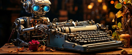Vintage robot typing on an old typewriter in a nostalgic settingの素材