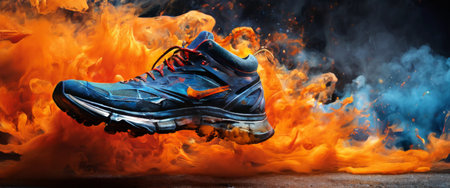 Dynamic sports shoe surrounded by vibrant flames and smokeの素材