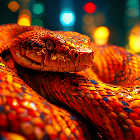 Vivid red snake coiled in a vibrant urban settingの素材