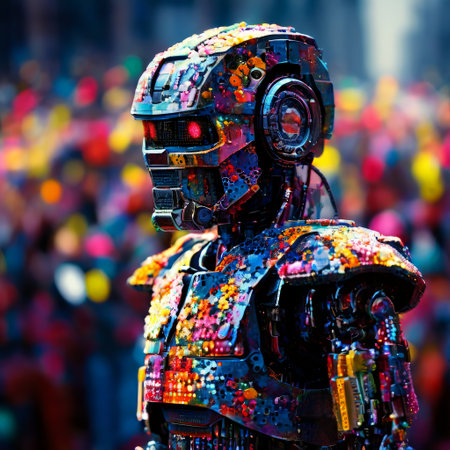 Colorful mosaic robot standing in vibrant urban environmentの素材
