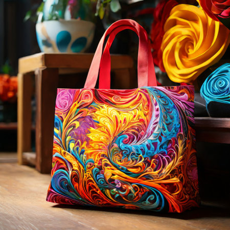 Colorful patterned tote bag in a vibrant artisan settingの素材