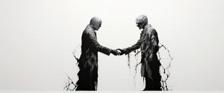 Artistic depiction of two fragmented figures shaking handsの素材
