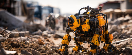 Robotic dog navigating through a post-apocalyptic urban environmentの素材
