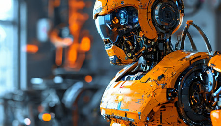 Detailed close-up of futuristic orange robot in high-tech environmentの素材