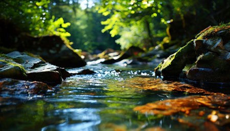 Low angle view of forest stream flowing through rocky terrainの素材