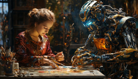 Human and robot collaborating in an artistic workspaceの素材