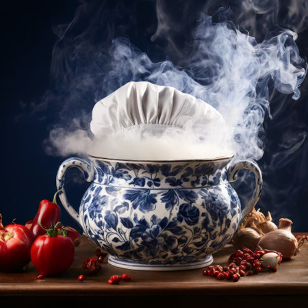 Decorative porcelain pot with steam and culinary elementsの素材