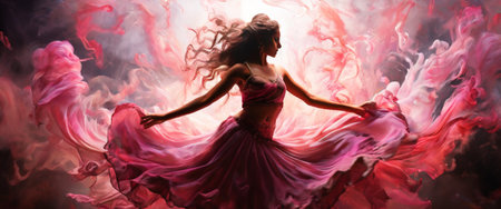 Graceful dancer in swirling pink fabric amid ethereal smokeの素材