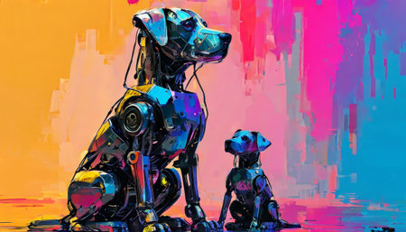 Futuristic robotic dogs in a colorful abstract digital art styleの素材