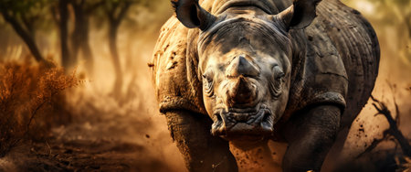 Charging rhinoceros in a dusty savannahの素材