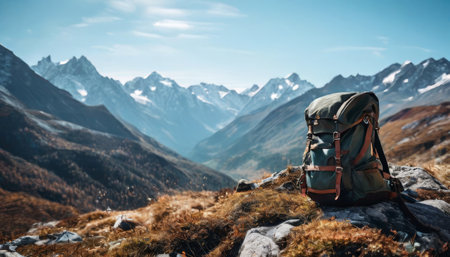 Green backpack on a rocky mountain overlooking a valleyの素材