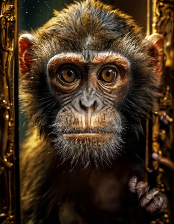 Curious monkey peering through an ornate golden frameの素材