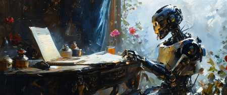 Robot writing on a laptop in a vintage settingの素材