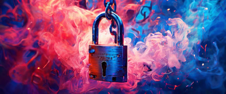 Secure padlock enveloped in vibrant smokeの素材