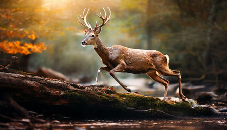 Majestic deer in a forest illuminated by warm sunlightの素材