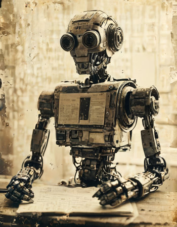 Vintage-style robot reading a document in a retro-futuristic settingの素材