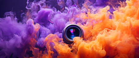Camera lens enveloped in colorful swirling smoke cloudsの素材