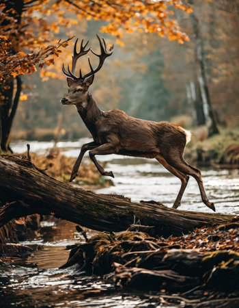Graceful deer crossing a stream in autumn forestの素材