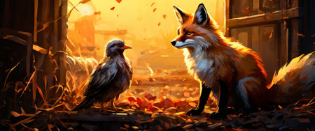 Fox and bird in conversation amidst autumn leaves at sunsetの素材