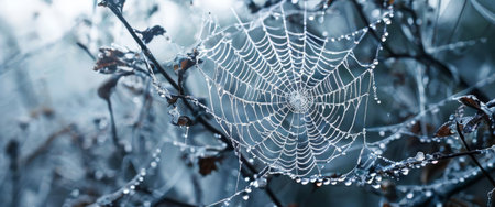 Intricate spider web covered in morning dew on branchesの素材