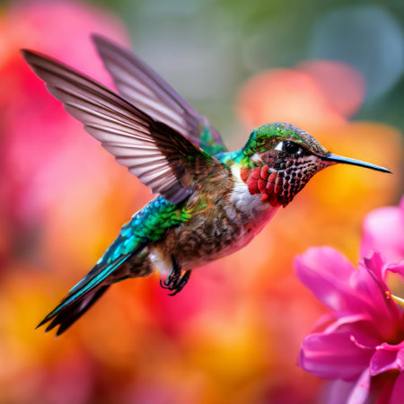 Vibrant hummingbird hovering near bright pink flowersの素材
