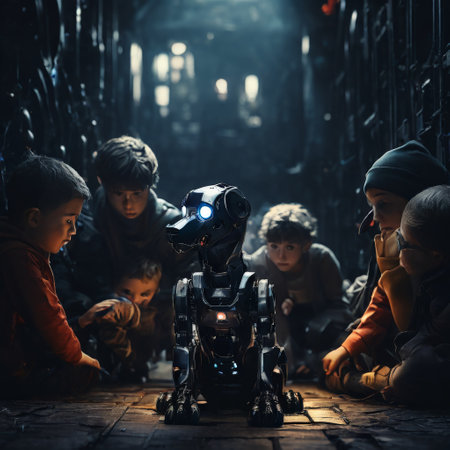 Group of children interacting with a robotic dog in a dark alleyの素材
