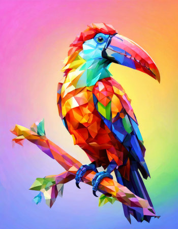 Colorful geometric toucan perched on branch illustrationの素材