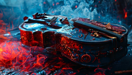 Burnt violin engulfed in flames with smoky backgroundの素材
