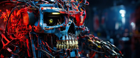 Cybernetic skull entangled in wires and circuitsの素材