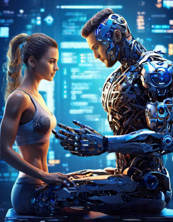 Humanoid robot interacting with a woman in a futuristic settingの素材