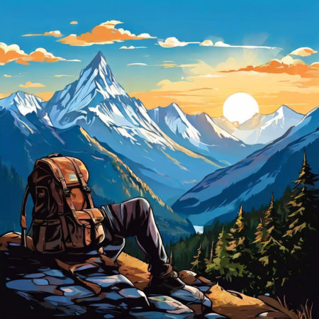 Backpacker enjoying mountain sunrise view from rocky overlookの素材