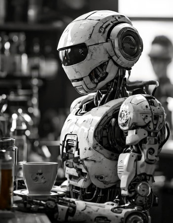 Robotic barista in a modern cafe settingの素材