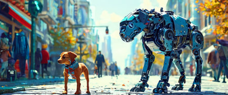 Futuristic robotic dog and real dog encounter in a vibrant city streetの素材