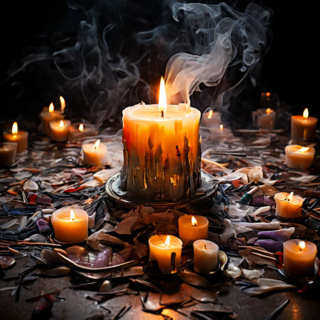 Melting candle surrounded by smaller candles on a dark surfaceの素材