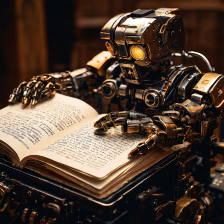 Steampunk robot reading an ancient book in a workshopの素材