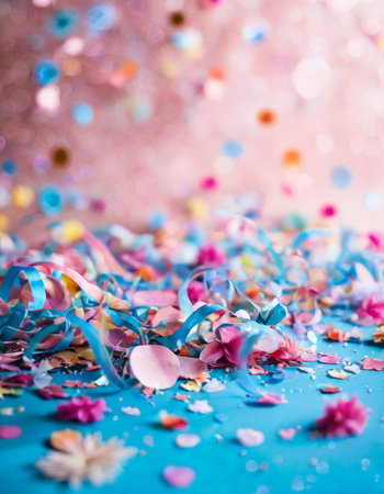 Festive background with colorful ribbons and confettiの素材