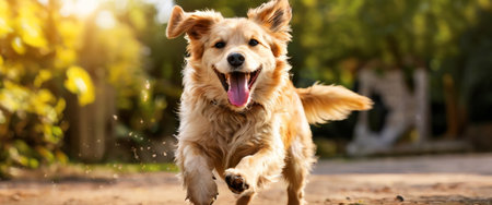 Golden retriever dog running joyfully in the sunlit parkの素材