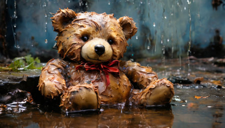 Weathered teddy bear sitting in a rainy puddleの素材