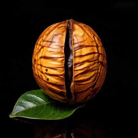 Brown seed pod with green leaf on black backgroundの素材
