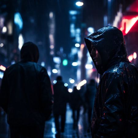 Mysterious figures in dark rainy city street at nightの素材
